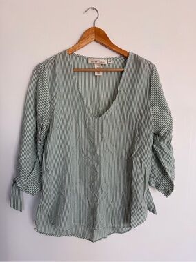 H&M Green & White Striped Blouse | Linen Blend Look | Tie Sleeve Top | Size 4
